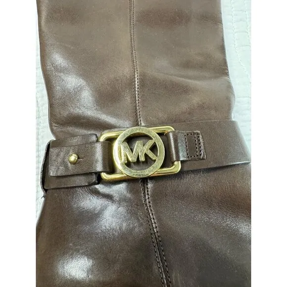 Michael Kors Leather Almond Toe Block Heel Knee Riding Boots Brown SZ 7M Festiva