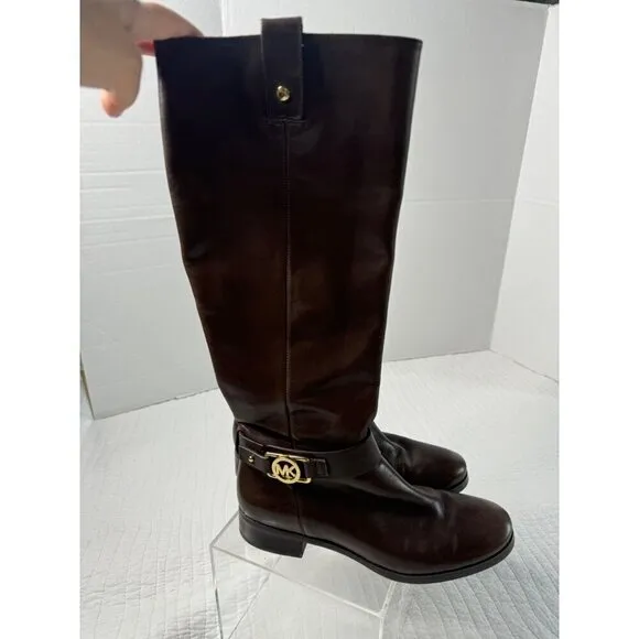 Michael Kors Leather Almond Toe Block Heel Knee Riding Boots Brown SZ 7M Festiva