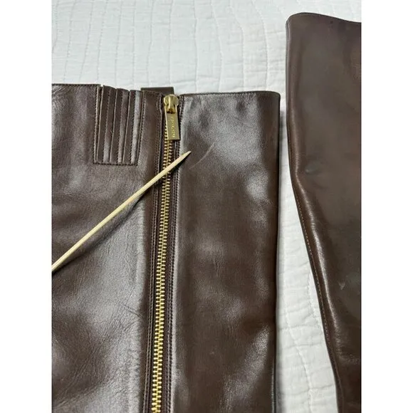 Michael Kors Leather Almond Toe Block Heel Knee Riding Boots Brown SZ 7M Festiva