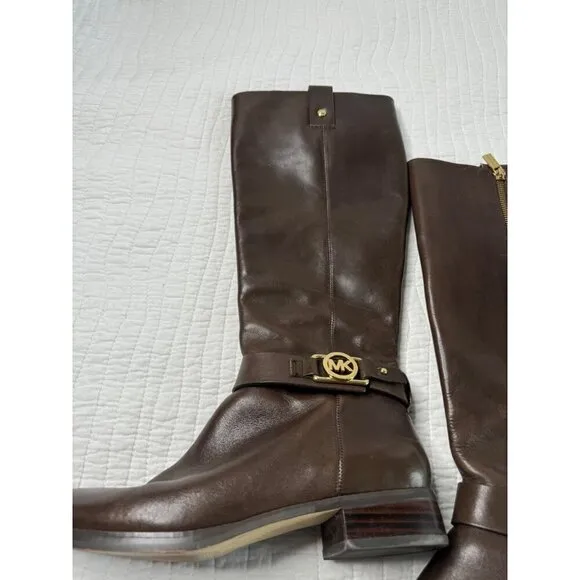 Michael Kors Leather Almond Toe Block Heel Knee Riding Boots Brown SZ 7M Festiva