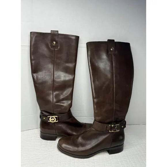Michael Kors Leather Almond Toe Block Heel Knee Riding Boots Brown SZ 7M Festiva