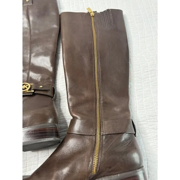 Michael Kors Leather Almond Toe Block Heel Knee Riding Boots Brown SZ 7M Festiva