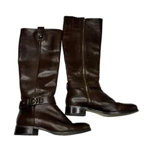 Michael Kors Leather Almond Toe Block Heel Knee Riding Boots Brown SZ 7M Festiva