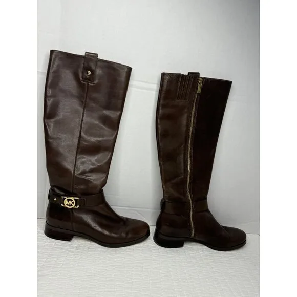 Michael Kors Leather Almond Toe Block Heel Knee Riding Boots Brown SZ 7M Festiva