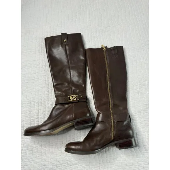Michael Kors Leather Almond Toe Block Heel Knee Riding Boots Brown SZ 7M Festiva