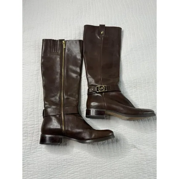 Michael Kors Leather Almond Toe Block Heel Knee Riding Boots Brown SZ 7M Festiva