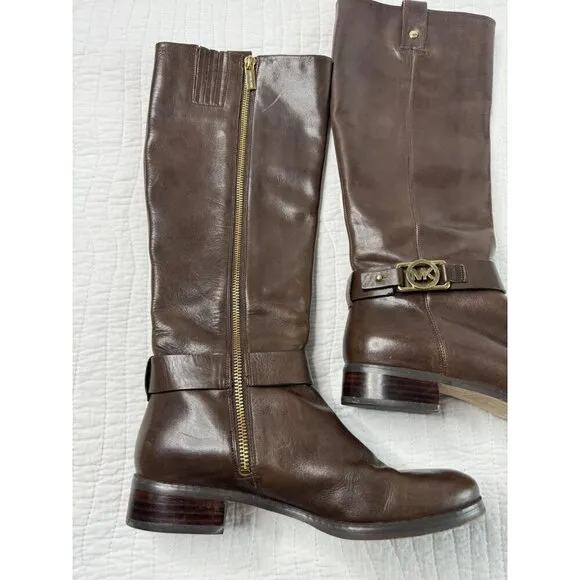 Michael Kors Leather Almond Toe Block Heel Knee Riding Boots Brown SZ 7M Festiva