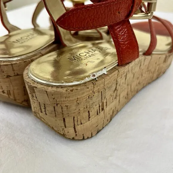 Michael Kors Nash 2&quot; Wedge Cork Open Toe Sandals Size 7.5/8 Red Orange MK Logo