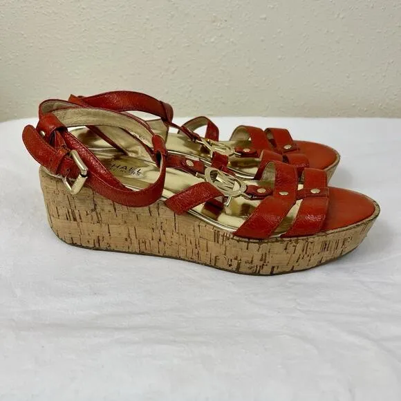 Michael Kors Nash 2&quot; Wedge Cork Open Toe Sandals Size 7.5/8 Red Orange MK Logo