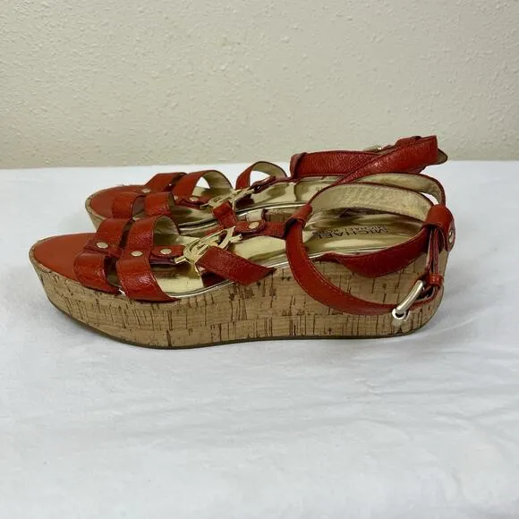 Michael Kors Nash 2&quot; Wedge Cork Open Toe Sandals Size 7.5/8 Red Orange MK Logo