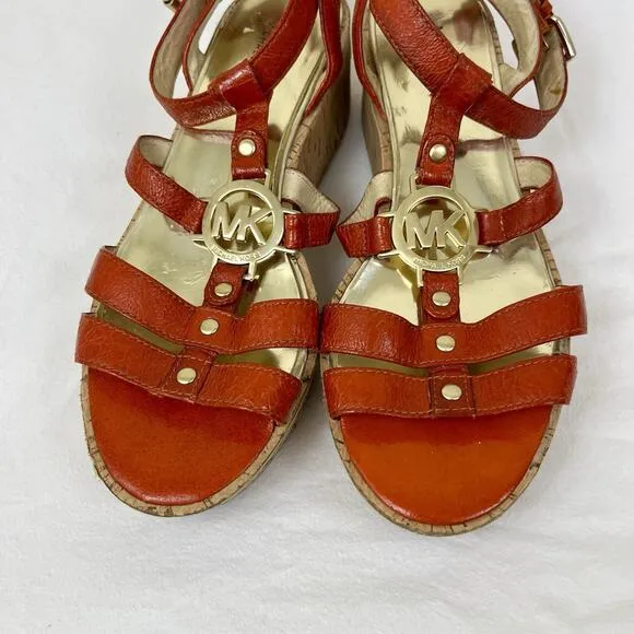 Michael Kors Nash 2&quot; Wedge Cork Open Toe Sandals Size 7.5/8 Red Orange MK Logo