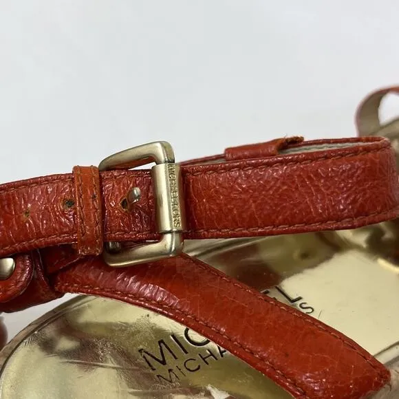 Michael Kors Nash 2&quot; Wedge Cork Open Toe Sandals Size 7.5/8 Red Orange MK Logo