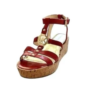 Michael Kors Nash 2&quot; Wedge Cork Open Toe Sandals Size 7.5/8 Red Orange MK Logo