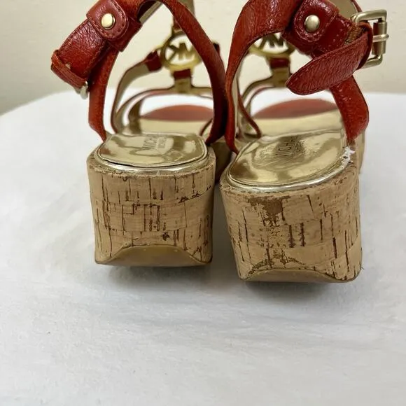 Michael Kors Nash 2&quot; Wedge Cork Open Toe Sandals Size 7.5/8 Red Orange MK Logo