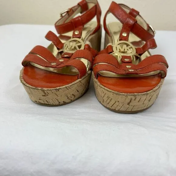 Michael Kors Nash 2&quot; Wedge Cork Open Toe Sandals Size 7.5/8 Red Orange MK Logo