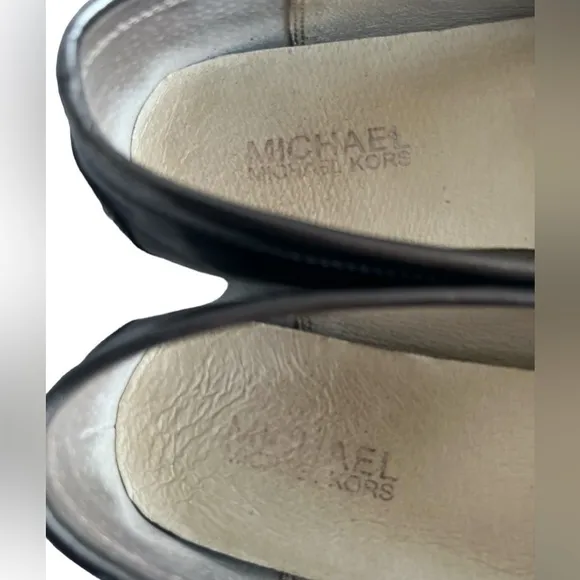 MICHAEL KORS PEWTER LEATHER SLIP ON PENNY LOAFERS/FLATS WOMEN'S