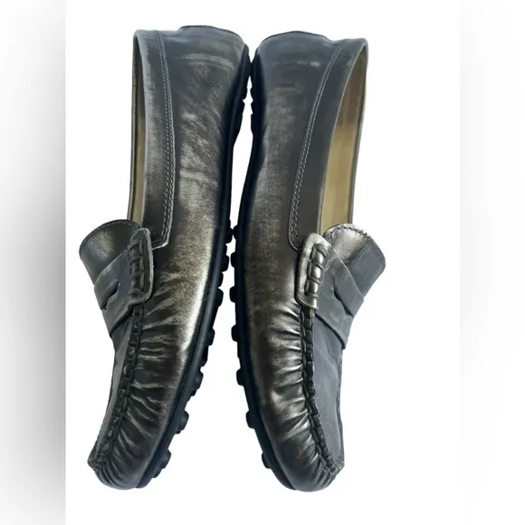 MICHAEL KORS PEWTER LEATHER SLIP ON PENNY LOAFERS/FLATS WOMEN'S