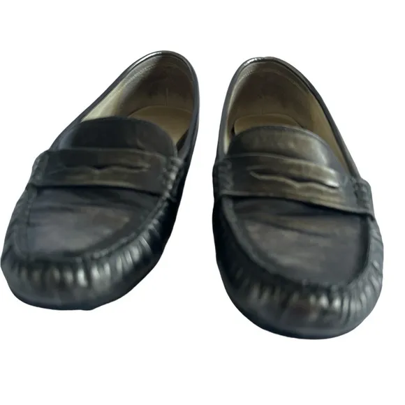 MICHAEL KORS PEWTER LEATHER SLIP ON PENNY LOAFERS/FLATS WOMEN'S