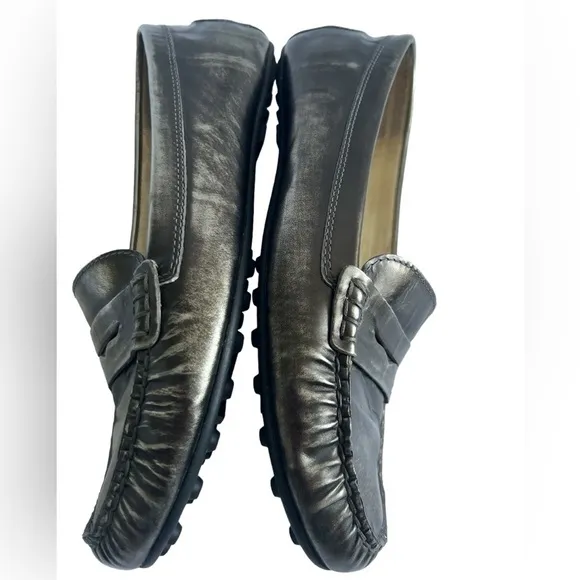 MICHAEL KORS PEWTER LEATHER SLIP ON PENNY LOAFERS/FLATS WOMEN'S