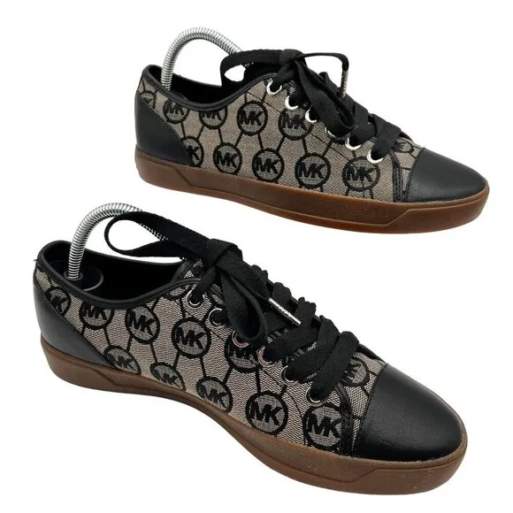 Michael Kors Womens 7M MK Logo City Sneakers Blk Silver Canvas Shoe Jacquard New