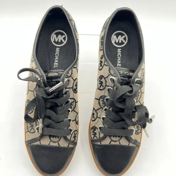 Michael Kors Womens 7M MK Logo City Sneakers Blk Silver Canvas Shoe Jacquard New