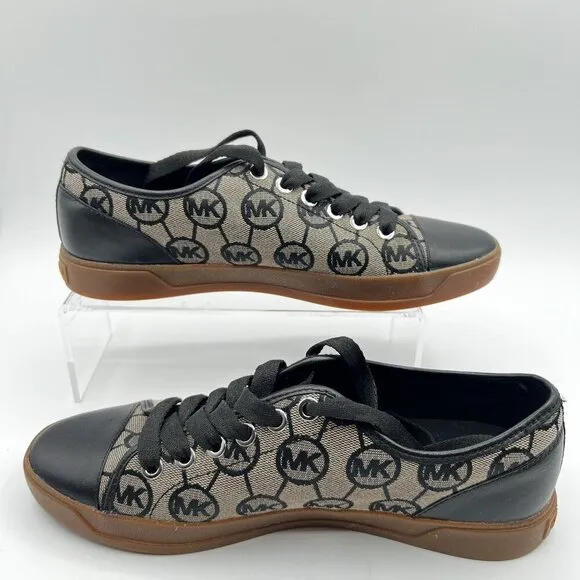 Michael Kors Womens 7M MK Logo City Sneakers Blk Silver Canvas Shoe Jacquard New