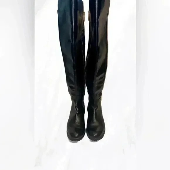 Micheal Kors black knee high gold zipper rubber sole leather riding boots 5.5