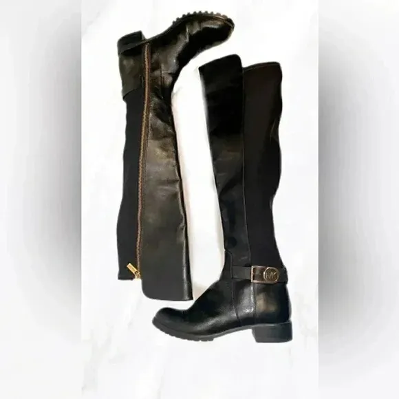 Micheal Kors black knee high gold zipper rubber sole leather riding boots 5.5
