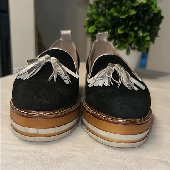Michele Lopriore SZ 9 Black and Silver Cassidy Tassel Loafers