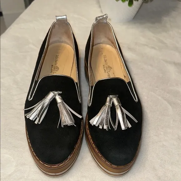 Michele Lopriore SZ 9 Black and Silver Cassidy Tassel Loafers