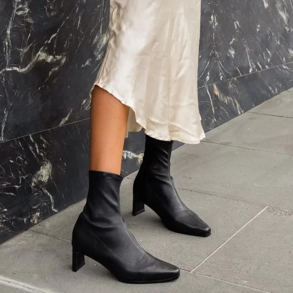 Mimid Black Stretch Leather Heeled Boots - Bared Footwear
