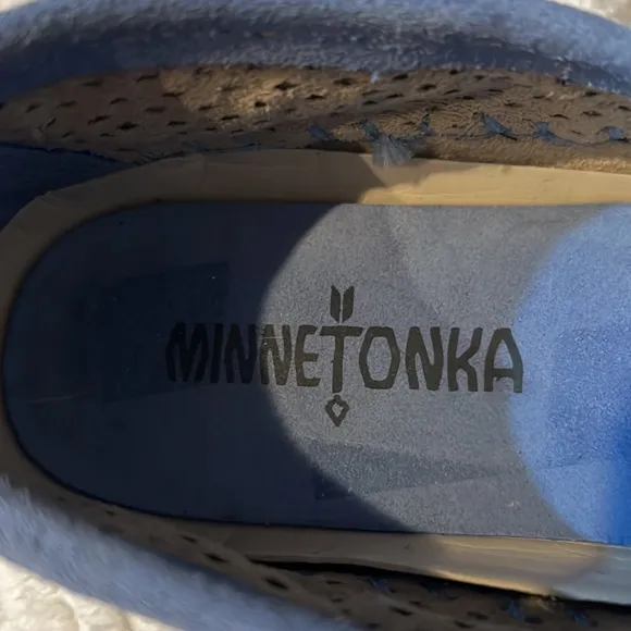 Minnetonka like new suede leather laser cut slip on loafers