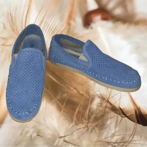 Minnetonka like new suede leather laser cut slip on loafers