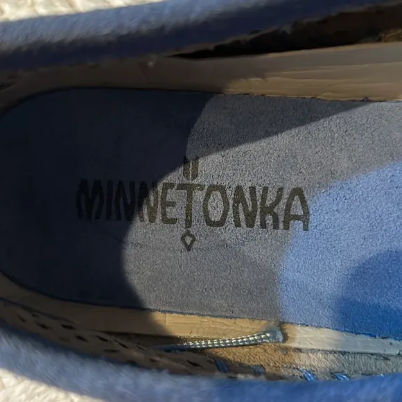 Minnetonka like new suede leather laser cut slip on loafers