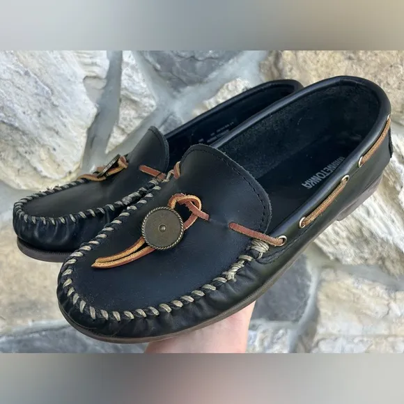 Minnetonka Mens Moccasin Loafers Sz 10 Black Brwn Leather Concho Western Slip On