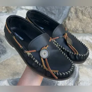 Minnetonka Mens Moccasin Loafers Sz 10 Black Brwn Leather Concho Western Slip On