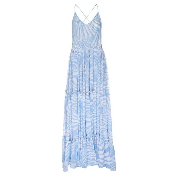 Misa Kalita Tiered Ruffle Blue Maxi Tent Dress Women's Size XS Tiered Sheer NWT