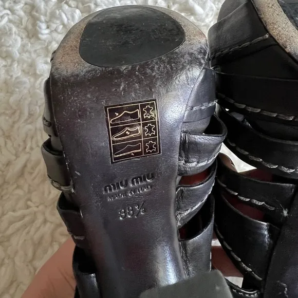 Miu Miu Black Leather Tonal Stitch Sandals 38.5