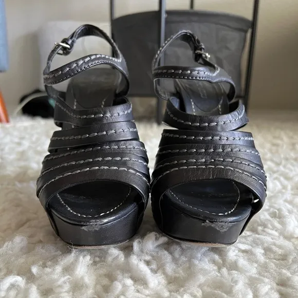 Miu Miu Black Leather Tonal Stitch Sandals 38.5
