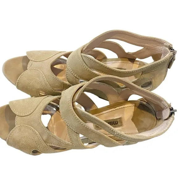 MIU MIU Leather Strappy Cutout Wedge Sandal Nude