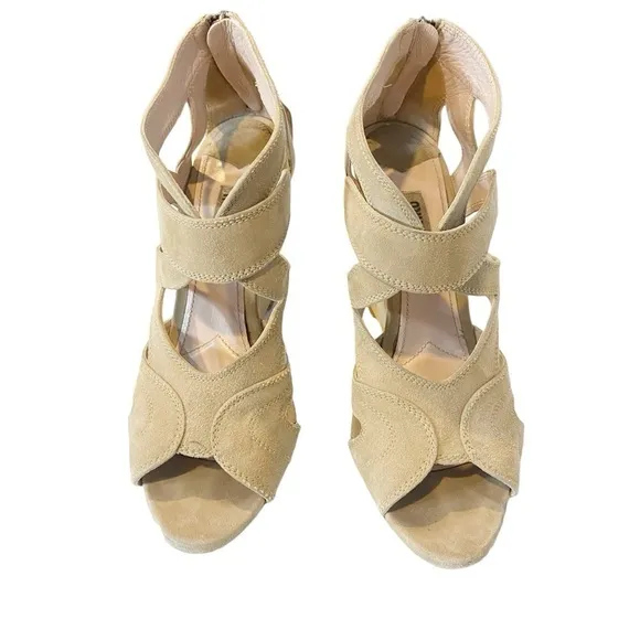 MIU MIU Leather Strappy Cutout Wedge Sandal Nude