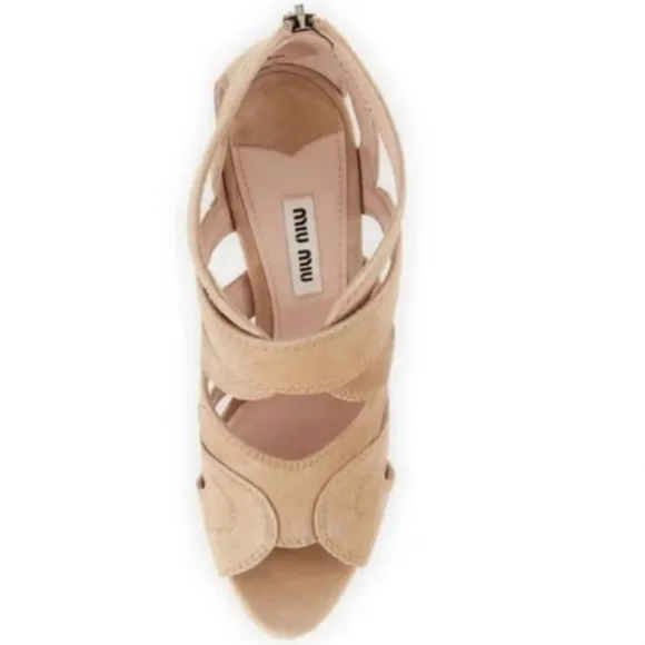 MIU MIU Leather Strappy Cutout Wedge Sandal Nude