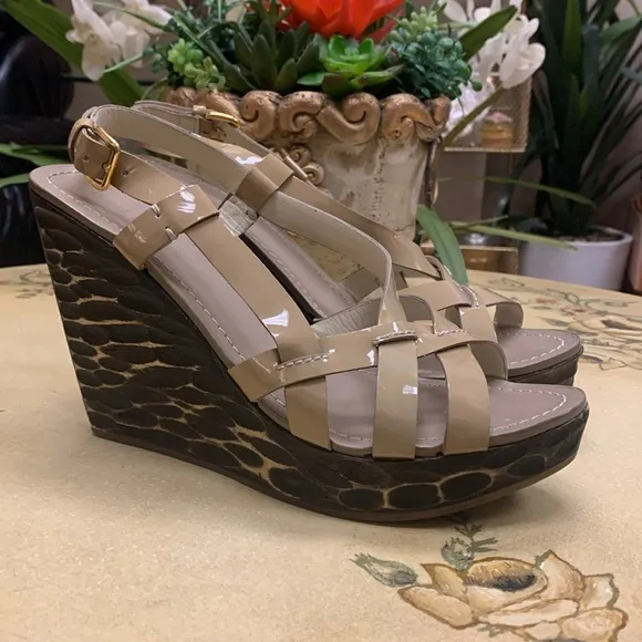 Miu Miu Nude Strappy Leather Wedge Sandals Size 39.5
