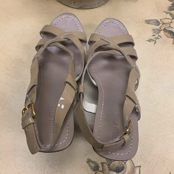 Miu Miu Nude Strappy Leather Wedge Sandals Size 39.5