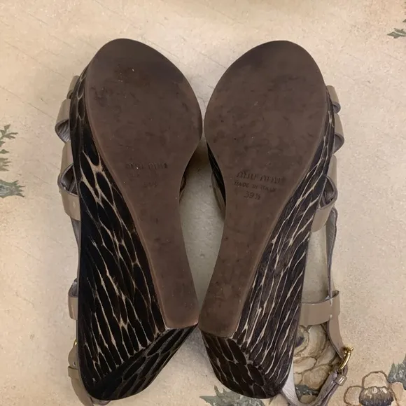 Miu Miu Nude Strappy Leather Wedge Sandals Size 39.5