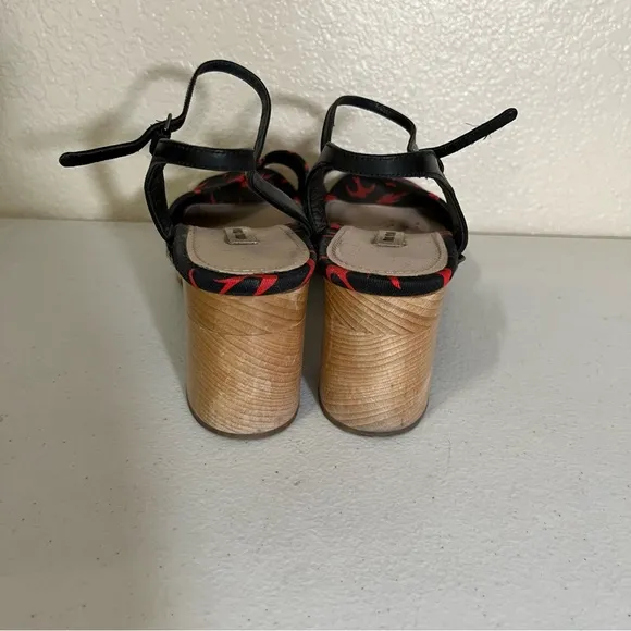 Miu Miu Sandals Womens 39 Wooden Platform Heels Black Red Bird Print Strappy