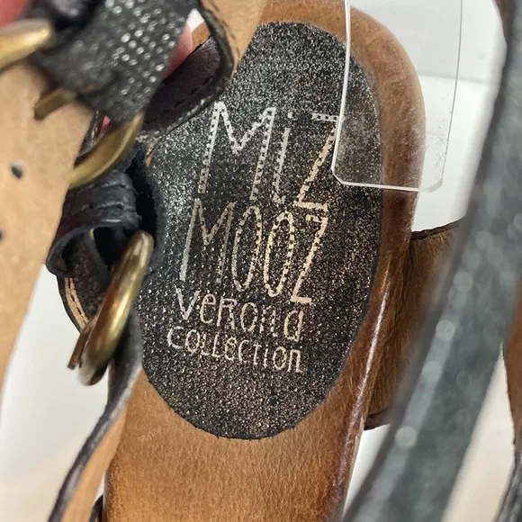 Miz Mooz Verona Collection Genuine Leather Black Shimmer Strappy Sandals SZ 38