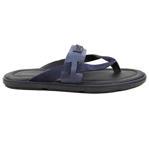 MOSCHINO 🇮🇹 MEN'S BLUE SOFT LEATHER COMFORT FLAT SUMMER SANDALS