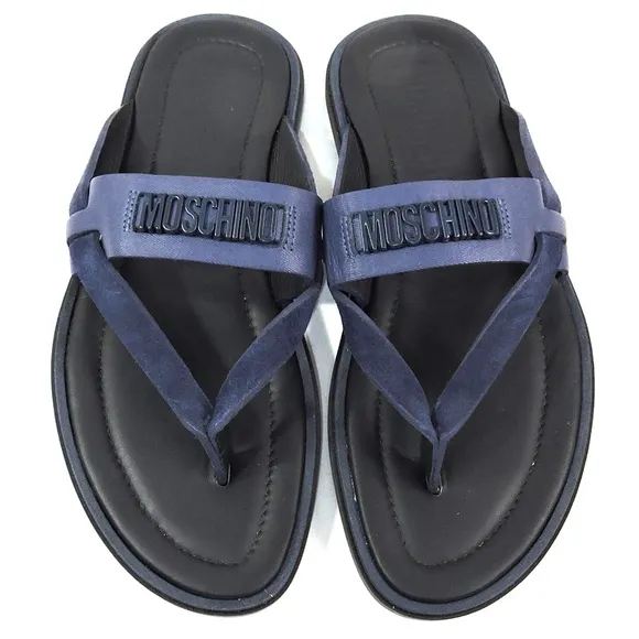 MOSCHINO 🇮🇹 MEN'S BLUE SOFT LEATHER COMFORT FLAT SUMMER SANDALS