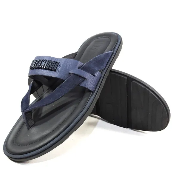 MOSCHINO 🇮🇹 MEN'S BLUE SOFT LEATHER COMFORT FLAT SUMMER SANDALS